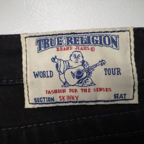 True Religion Ladies Size 31 Black World Tour Skinny Jeans w/ Purple Stitching - Picture 4 of 13